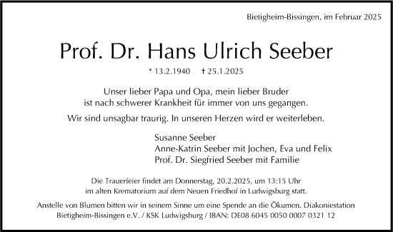 Traueranzeige von Hans Ulrich Seeber von Bietigheimer Zeitung