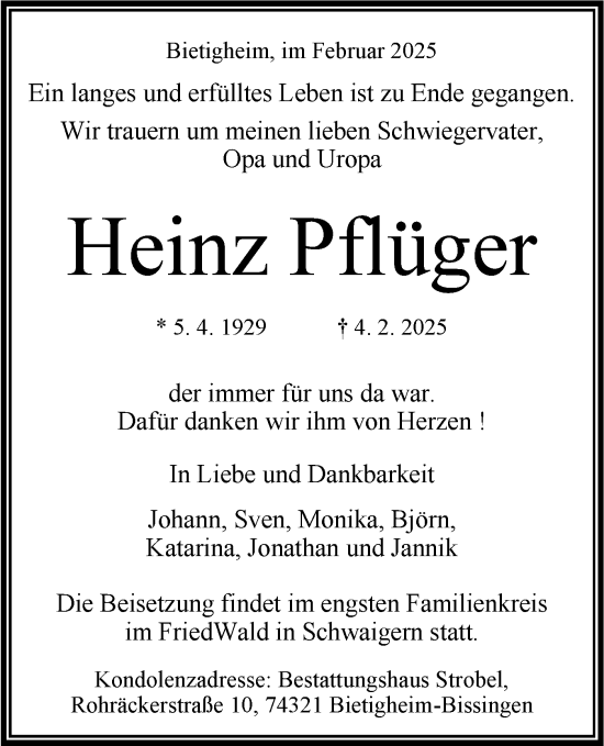 Traueranzeige von Heinz Pflüger von Bietigheimer Zeitung