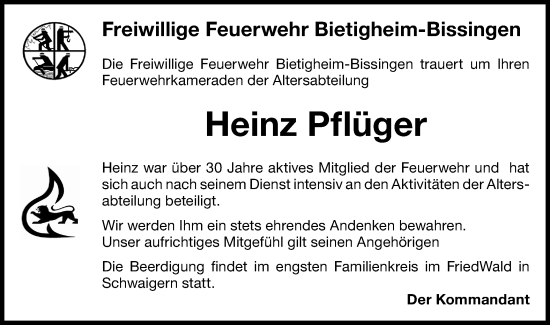 Traueranzeige von Heinz Pflüger von Bietigheimer Zeitung