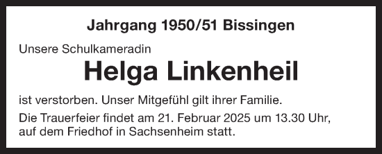 Traueranzeige von Helga Linkenheil von Bietigheimer Zeitung