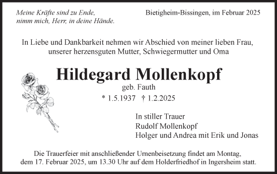 Traueranzeige von Hildegard Mollenkopf von Bietigheimer Zeitung