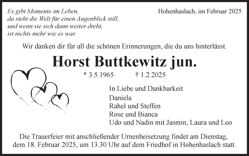  Traueranzeige für Horst Buttkewitz vom 13.02.2025 aus Bietigheimer Zeitung