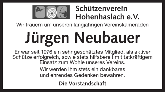 Traueranzeige von Jürgen Neubauer von Bietigheimer Zeitung