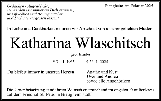 Traueranzeige von Katharina Wlaschitsch von Bietigheimer Zeitung