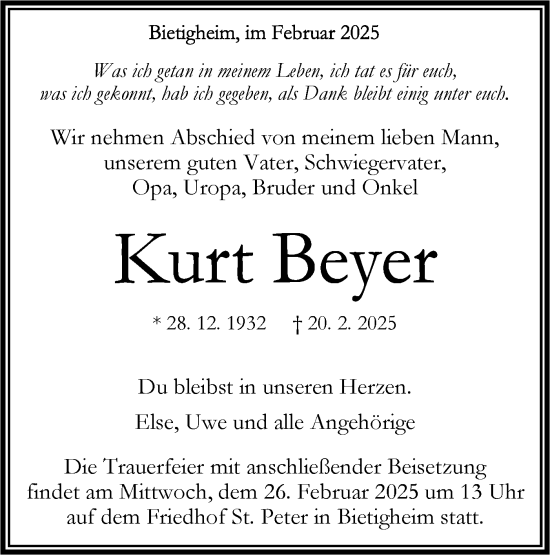 Traueranzeige von Kurt Beyer von Bietigheimer Zeitung