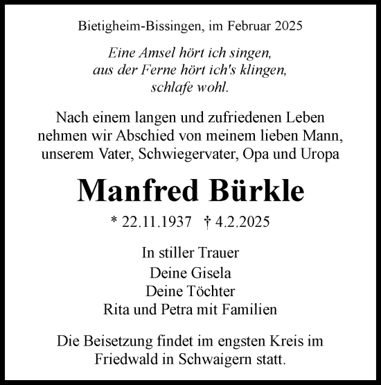 Traueranzeige von Manfred Bürkle von Bietigheimer Zeitung