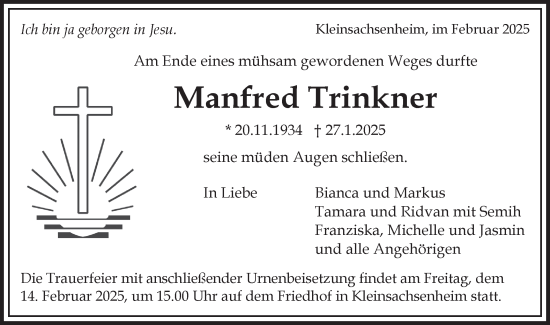 Traueranzeige von Manfred Trinkner von Bietigheimer Zeitung