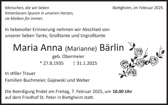 Traueranzeige von Maria Anna Bärlin von Bietigheimer Zeitung