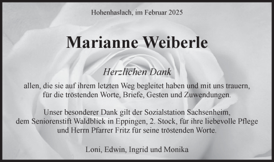 Traueranzeige von Marianne Weiberle von Bietigheimer Zeitung