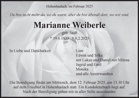 Traueranzeige von Marianne Weiberle von Bietigheimer Zeitung