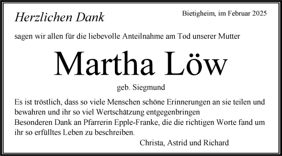 Traueranzeige von Martha Löw von Bietigheimer Zeitung