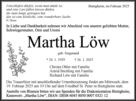 Traueranzeige von Martha Löw von Bietigheimer Zeitung