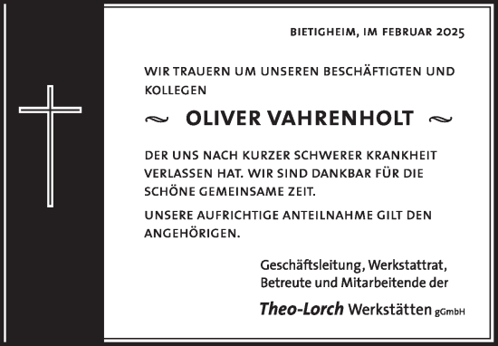 Traueranzeige von Oliver Vahrenholt von Bietigheimer Zeitung