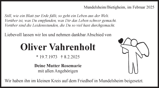 Traueranzeige von Oliver Vahrenholt von Bietigheimer Zeitung