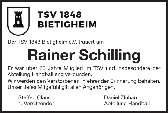 Traueranzeige von Rainer Schilling von Bietigheimer Zeitung