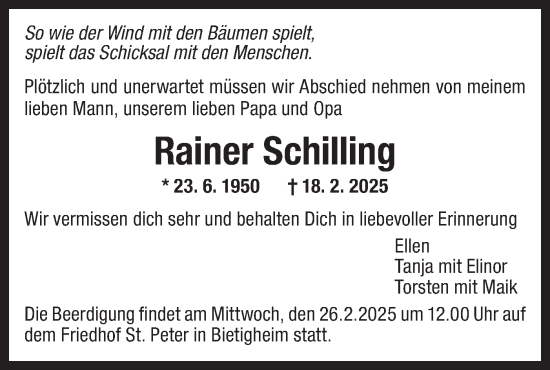 Traueranzeige von Rainer Schilling von Bietigheimer Zeitung