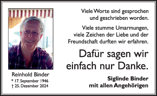 Traueranzeige von Reinhold Binder von Bietigheimer Zeitung