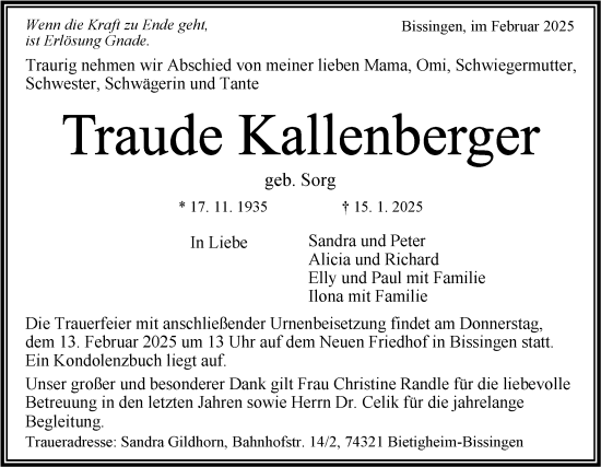 Traueranzeige von Traude Kallenberger von Bietigheimer Zeitung