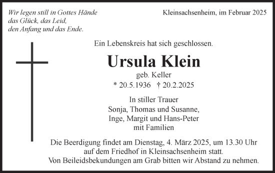 Traueranzeige von Ursula Klein von Bietigheimer Zeitung