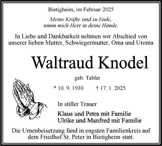 Traueranzeige von Waltraud Knodel von Bietigheimer Zeitung