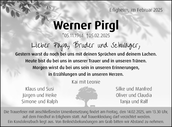 Traueranzeige von Werner Pirgl von Bietigheimer Zeitung