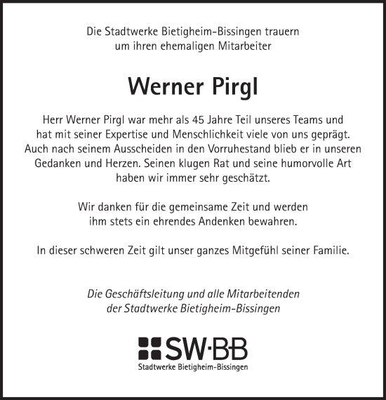 Traueranzeige von Werner Pirgl von Bietigheimer Zeitung