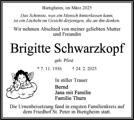 Traueranzeige von Brigitte Schwarzkopf von Bietigheimer Zeitung