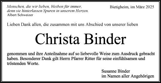 Traueranzeige von Christa Binder von Bietigheimer Zeitung