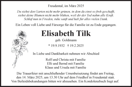 Traueranzeige von Elisabeth Tilk von Bietigheimer Zeitung