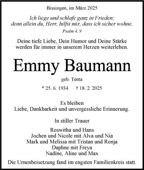 Traueranzeige von Emmy Baumann von Bietigheimer Zeitung