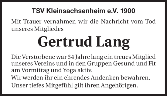 Traueranzeige von Gertrud Lang von Bietigheimer Zeitung