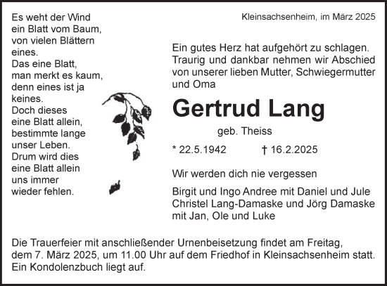 Traueranzeige von Gertrud Lang von Bietigheimer Zeitung