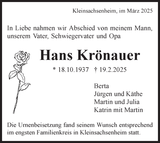 Traueranzeige von Hans Krönauer von Bietigheimer Zeitung