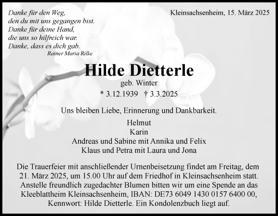 Traueranzeige von Hilde Dietterle von Bietigheimer Zeitung