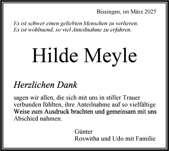 Traueranzeige von Hilde Meyle von Bietigheimer Zeitung