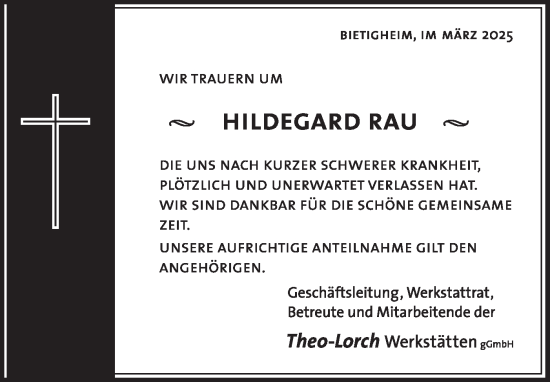 Traueranzeige von Hildegard Rau von Bietigheimer Zeitung