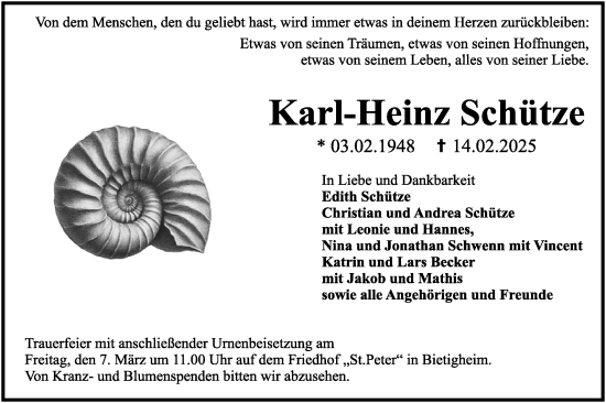 Traueranzeige von Karl-Heinz Schütze von Bietigheimer Zeitung