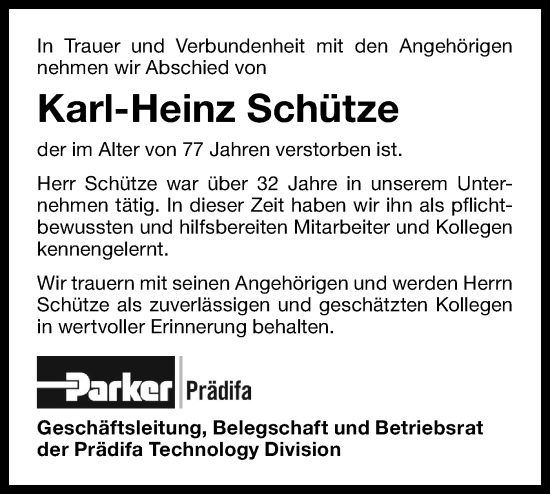 Traueranzeige von Karl-Heinz Schütze von Bietigheimer Zeitung