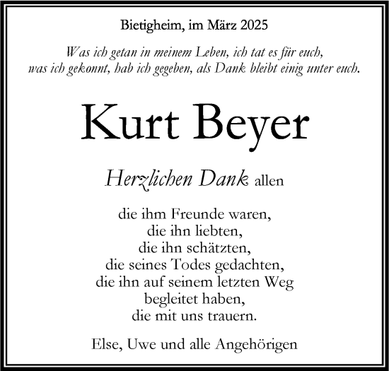 Traueranzeige von Kurt Beyer von Bietigheimer Zeitung