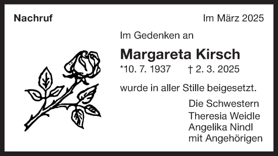 Traueranzeige von Margareta Kirsch von Bietigheimer Zeitung