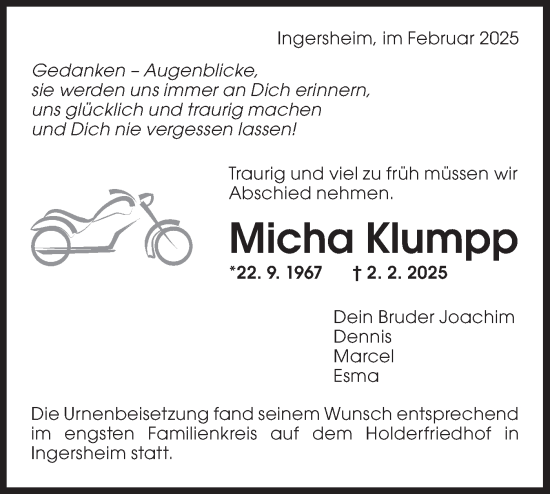 Traueranzeige von Micha Klumpp von Bietigheimer Zeitung