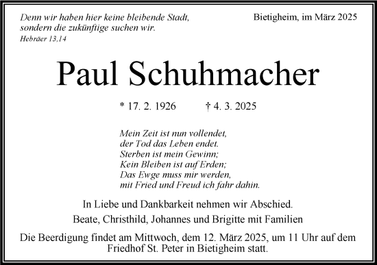 Traueranzeige von Paul Schuhmacher von Bietigheimer Zeitung