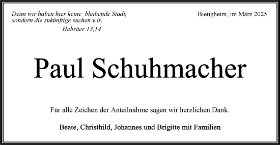 Traueranzeige von Paul Schuhmacher von Bietigheimer Zeitung
