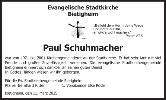 Traueranzeige von Paul Schuhmacher von Bietigheimer Zeitung