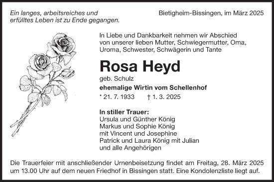 Traueranzeige von Rosa Heyd von Bietigheimer Zeitung