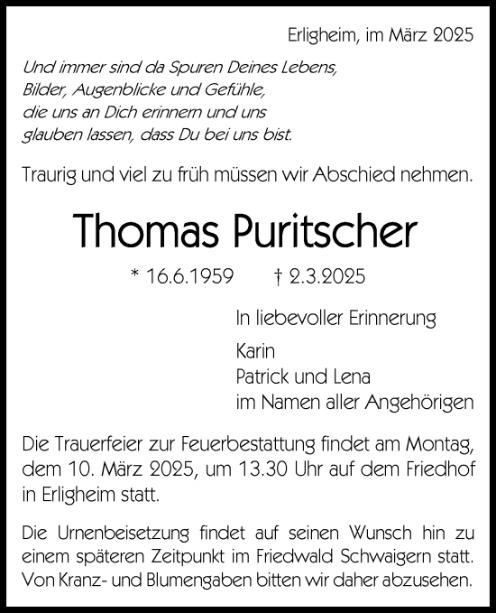 Traueranzeige von Thomas Puritscher von Bietigheimer Zeitung