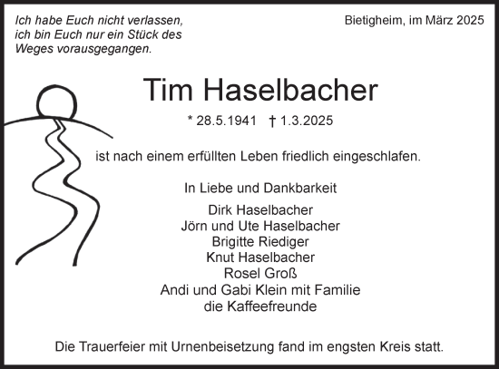 Traueranzeige von Tim Haselbacher von Bietigheimer Zeitung