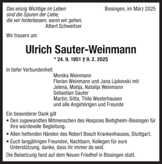 Traueranzeige von Ulrich Sauter-Weinmann von Bietigheimer Zeitung