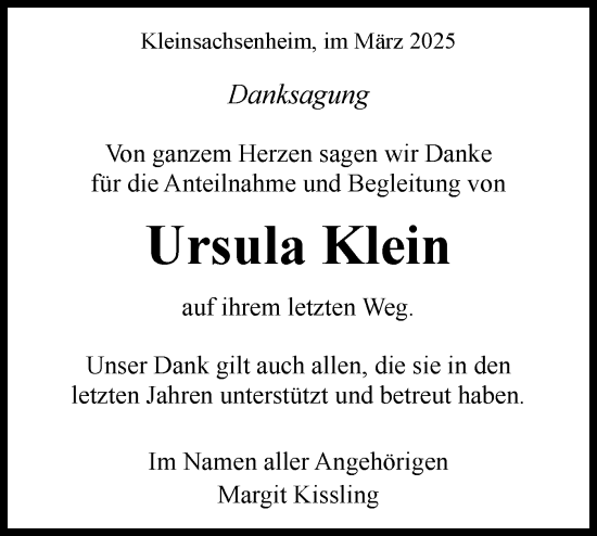 Traueranzeige von Ursula Klein von Bietigheimer Zeitung