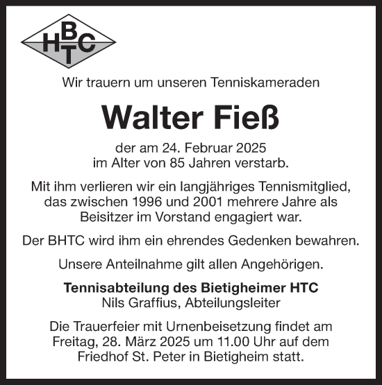 Traueranzeige von Walter Fieß von Bietigheimer Zeitung